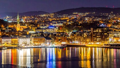 Fototapeta premium City skyline at night reflected in water (1)
