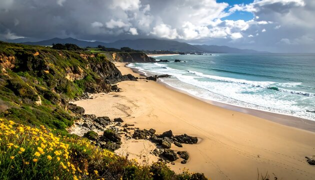 Coastal beach scene with dramatic sky
