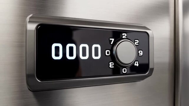 Close-up of a digital safe combination lock on a metal surface