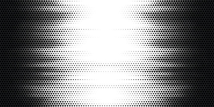 Hexagon halftone gradient texture. Abstract black grunge background. Geometric retro halftone tech overlay. Fading wavy hexagonal pattern backdrop. Vector vanishing honeycomb grunge bitmap wallpaper