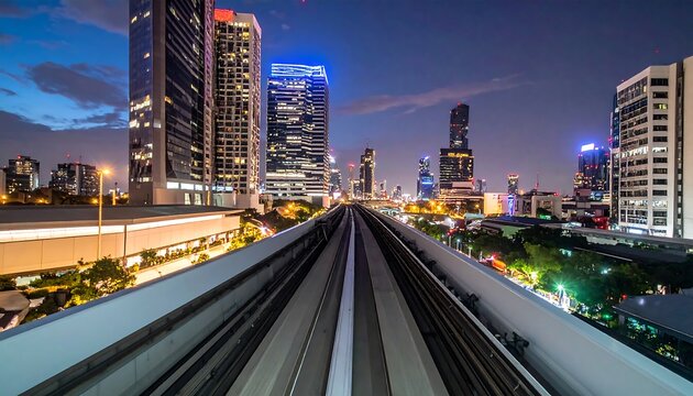 City skyline at night, elevated train tracks