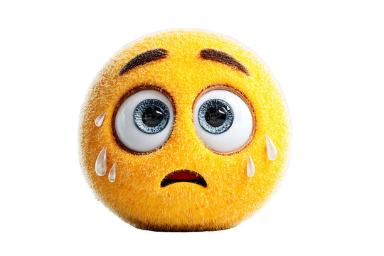 A sad plush emoji with tears on its face on transparent background