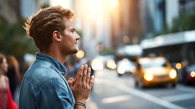 Faceless young man from behind on a city street posture conveying distress both hands pressed together in a beseeching prayer gesture at chest height the urban environment