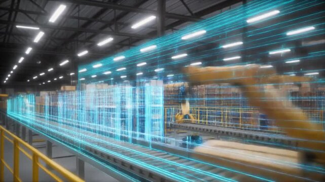 Warehouse robots moving cardboard boxes on conveyor belt with shelving in background for industrial automation