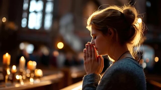 Faceless young woman from behind kneeling in a church or temple space with hands pressed together in prayer warm religious interior lighting falling across her posture