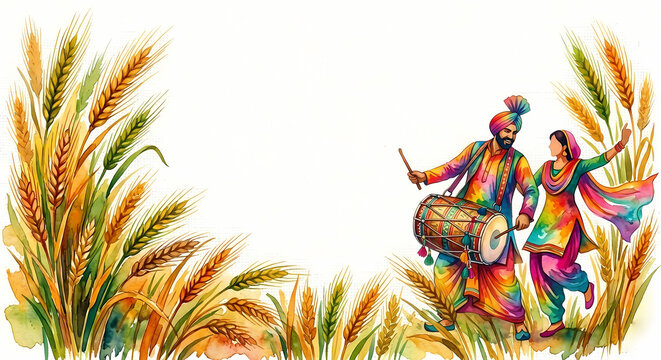Happy Baisakhi Indian festive Punjabi Sikh couple performing traditional dance with decorative elements and frame background.