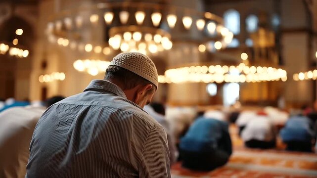 Wide shot of a group of Muslim men from behind seated in rows inside a mosque all in a synchronized prayer posture with foreheads bowed toward the ornate mosque floor the mosque