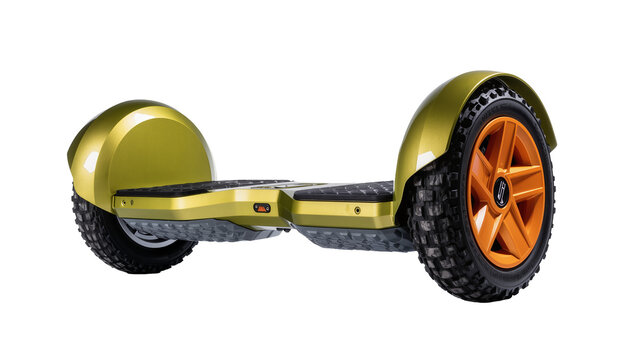 Modern gold and olive green off-road hoverboard with rugged orange wheels, an isolated personal electric scooter PNG