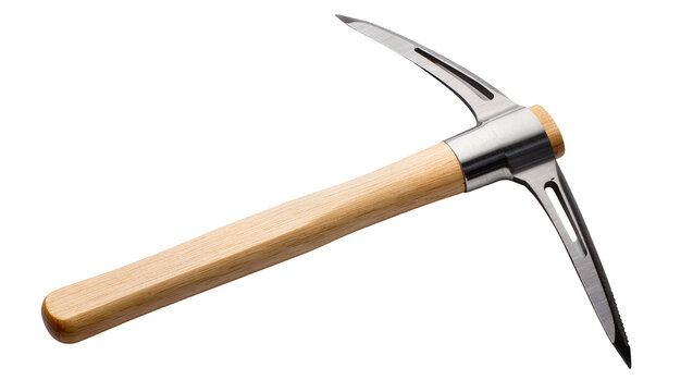 Robust ice axe with a sharp, durable metal blade and ergonomic wooden handle, isolated essential equipment for mountaineering and ice climbing PNG