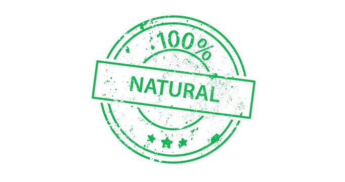 Animated green stamp with 100% Natural text appearing with stamping effect. Transparent background ideal for product videos, ads, and marketing content.