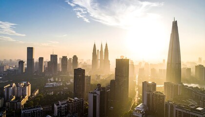 Fototapeta premium City skyline at sunrise, hazy atmosphere