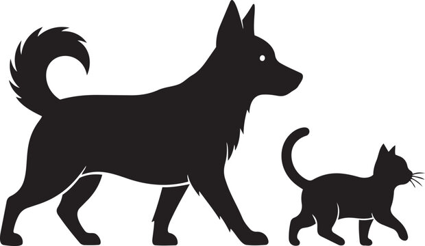 Black dog and cat silhouettes walking together side by side vector illustration