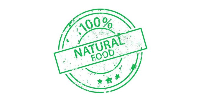 Animated green stamp with 100% Natural Food text appearing with stamping effect. Transparent background ideal for product videos and promotions.