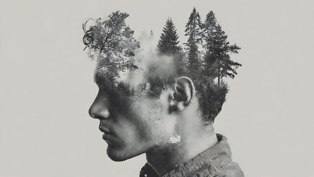 Profile of man with forest landscape emerging from his head, conceptual double exposure portrait, artistic nature fusion, side view in monochrome
