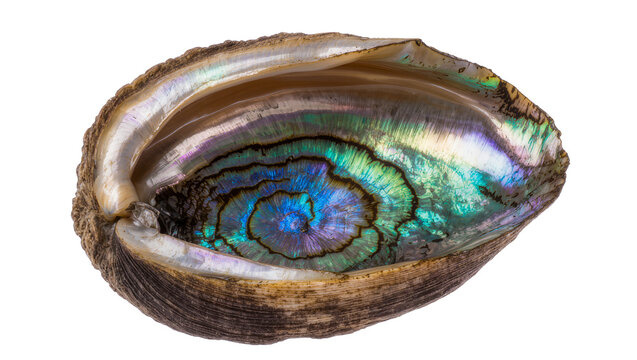 Vibrant iridescent abalone shell, showcasing stunning mother-of-pearl colors, isolated PNG on transparent background, a beautiful marine treasure