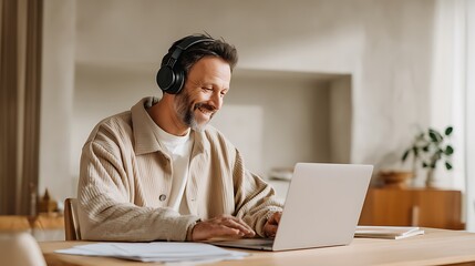 Fototapeta premium A man wearing headphones and working on a laptop in a modern home office setting