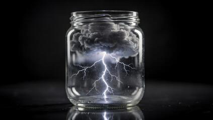 Photorealistic Surreal Image of a Miniature Thunderstorm with Lightning and Dark Clouds Inside a Glass Jar