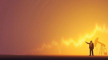 Fototapeta premium Global Oil Market Volatility Concept, Businessman Pointing at Glowing Energy Price Chart Icon, Clean Corporate Style Background, Petroleum Risk Analysis Visual