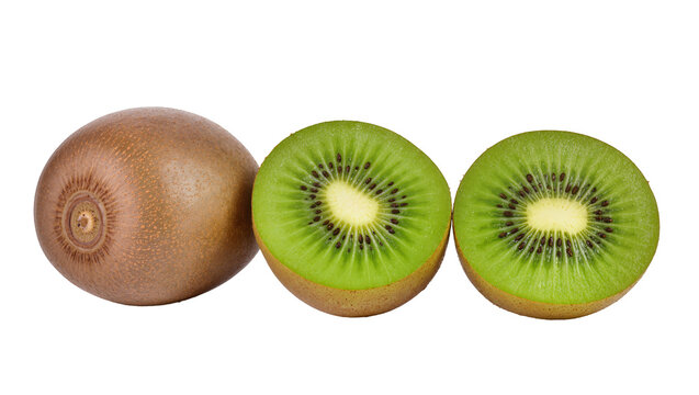 Fresh whole and sliced kiwi fruit, vibrant green flesh with black seeds, isolated PNG on transparent background, healthy tropical snack
