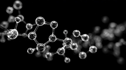 A detailed close-up of a shimmering molecular structure against a dark background featuring interconnected spherical atoms and glowing particles suggesting scientific discovery and innovation