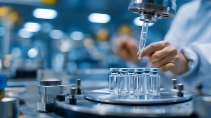 Naklejka premium Pharmaceutical clean room technician filling transparent medicine vials on automated production line, precision dosing equipment in sterile white environment, ideal for drug manufacturing keywords,
