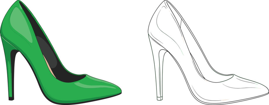 Technical fashion sketch of women's green high heel pumps with pointed toe and black white outline for footwear design, cad drawing flat vector illustration