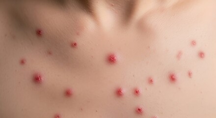 Fototapeta premium A close up view of a human chest area showing a widespread skin rash with multiple red skin spots