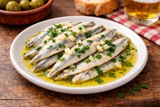 Boquerones en Vinagre als spanische Tapas mit Petersilie und Knoblauch
Marinierte Sardellen in Oliven&ouml;l auf hellem Teller, rustikal serviert als spanische Vorspeise.