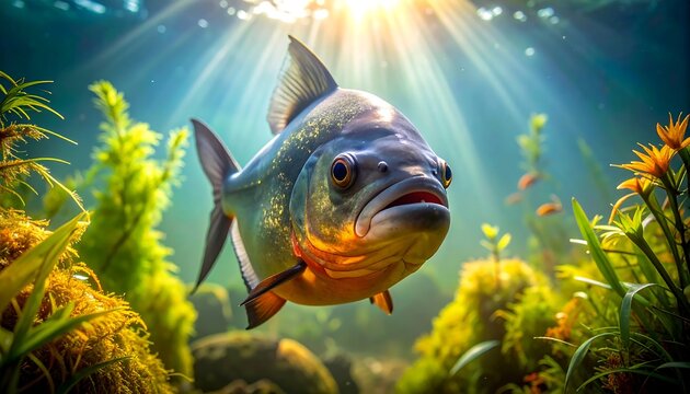 Close-up of piranha swimming in clear, bright water amidst aquatic plants and sunbeams, highlighting its sharp teeth