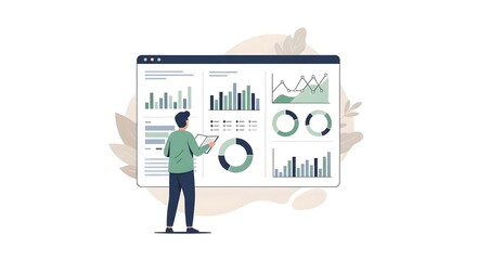 Obraz premium Business Professional Presenting Data Trends on a Whiteboard, Flat Art Illustration
