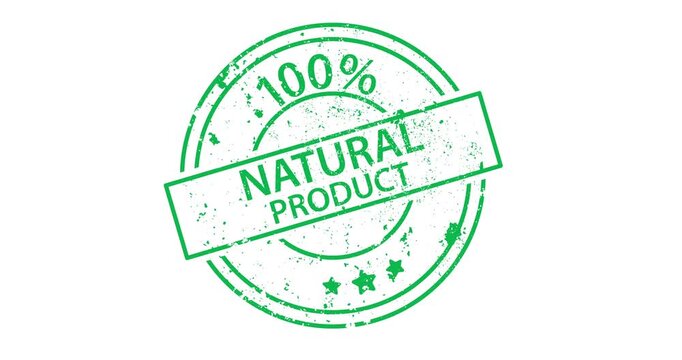 Animated green stamp with 100% Natural Product text appearing with stamping effect. Transparent background perfect for product videos and marketing.
