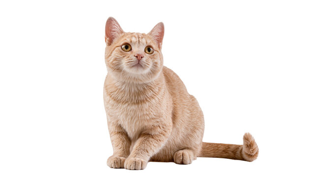 Adorable light orange tabby cat with golden eyes sitting attentively, looking upwards, isolated PNG on transparent background, domestic pet portrait