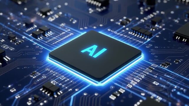 Close-up of AI microchip on a circuit board with glowing blue lines, representing artificial intelligence technology in a futuristic electronic device