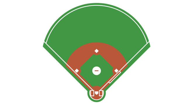 Overhead view of a baseball field diagram with green grass and brown base paths on a white background.