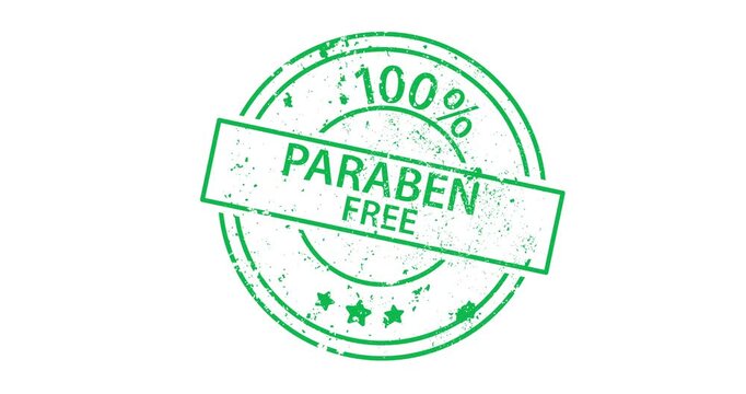 Green circular stamp graphic. Shows 100% paraben-free claim. Grunge texture with stars. Ideal for clean beauty product branding or eco-conscious packaging designs
