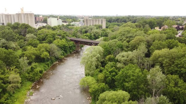 Aerial shot from a drone of the Credit River in the Streetsville area of Mississauga, Ontario, Canada on an overcast afternoon.