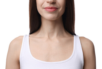 Fototapeta premium Woman with healthy skin on white background, closeup