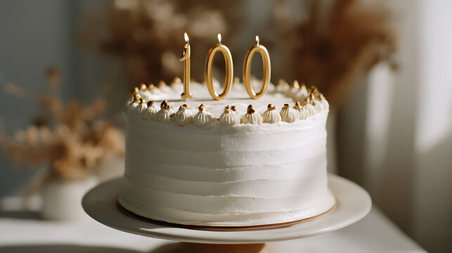 Elegant White Cake with Gold Accents and "100" Candles, Celebrating Milestones and Special Occasions with Style