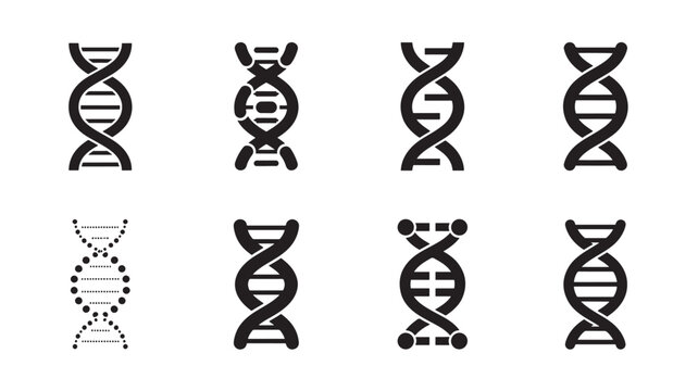DNA strand icon set with black simple geometric shapes on white background for genetic research and medical illustration