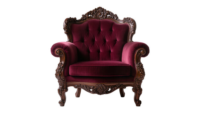 Luxurious antique red velvet armchair with ornate dark carved wooden frame, isolated on transparent background, elegant furniture for interior design