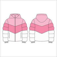Womens Quilted Puffer jacket design flat sketch Illustration, Down puffa Padded Hooded jacket with front and back view, Soft shell winter jacket for girls and ladies for outerwear in winter. © Design_fdnk