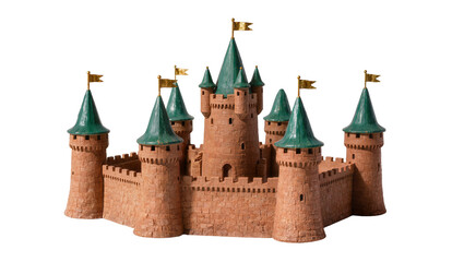 Intricate miniature medieval castle model with multiple green-roofed turrets and golden flags, isolated on transparent background, a fantasy architectural concept © Oisin