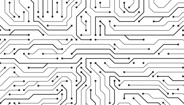 Circuit board abstract pattern with black lines and dots against a white background, representing technology and connectivity.