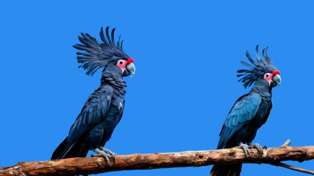 Black palm cockatoo flying from the branch blue background