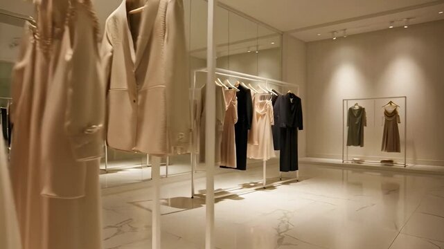 Elegant fashion boutique interior with clothing display and soft lighting