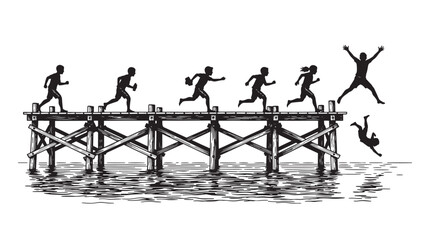 Fototapeta premium Dock with running children silhouettes and one jumping into the water below with reflections on the surface.