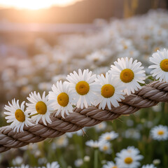 Obraz premium Row of white daisies threaded along thick rope at golden hour — rustic floral garland in wildflower field