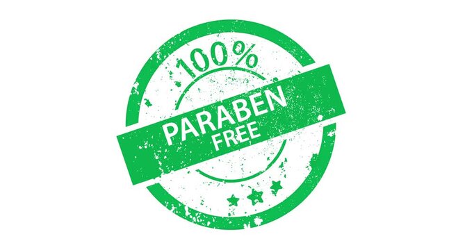 Green circular stamp shows 100% paraben free. Design has worn edges and three stars. Perfect for product packaging or health-related marketing