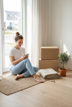 Woman using smartphone on moving day in new apartment with moving boxes and keys.