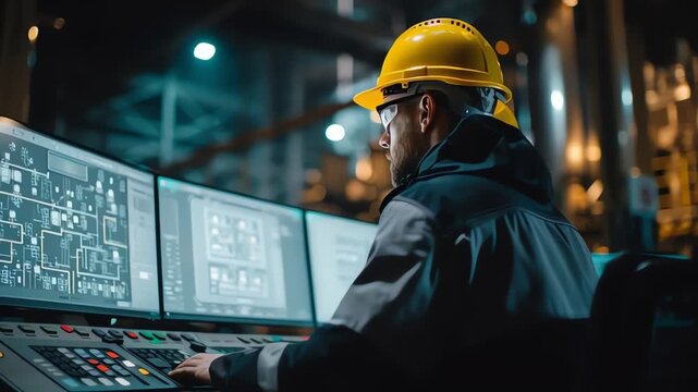 Manufacturing engineer analyzing production performance data on digital monitors inside factory environment